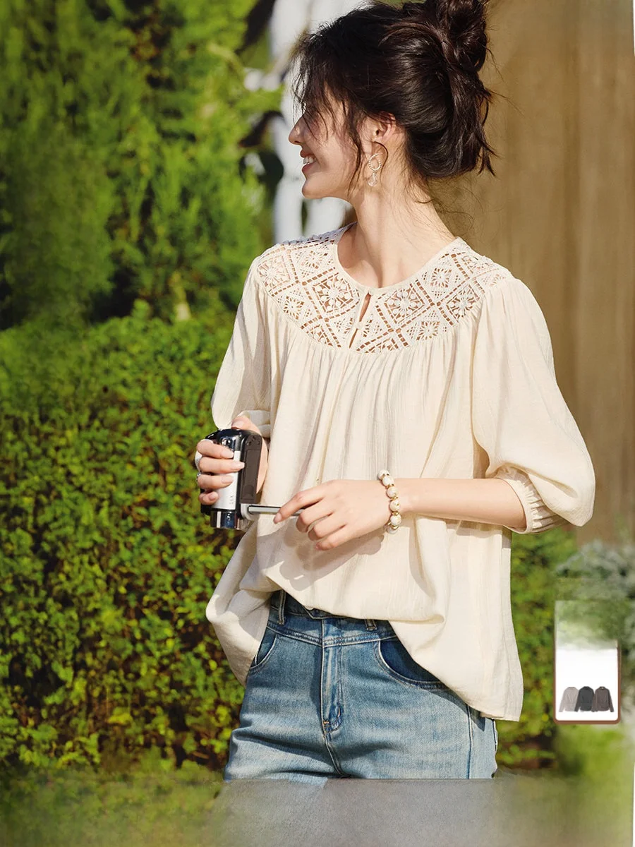 

Женская свободная блузка XWI с вырезами и рукавами-фонариками, бежевая, весна 2026, приталенный прямой крой, длинный рукав