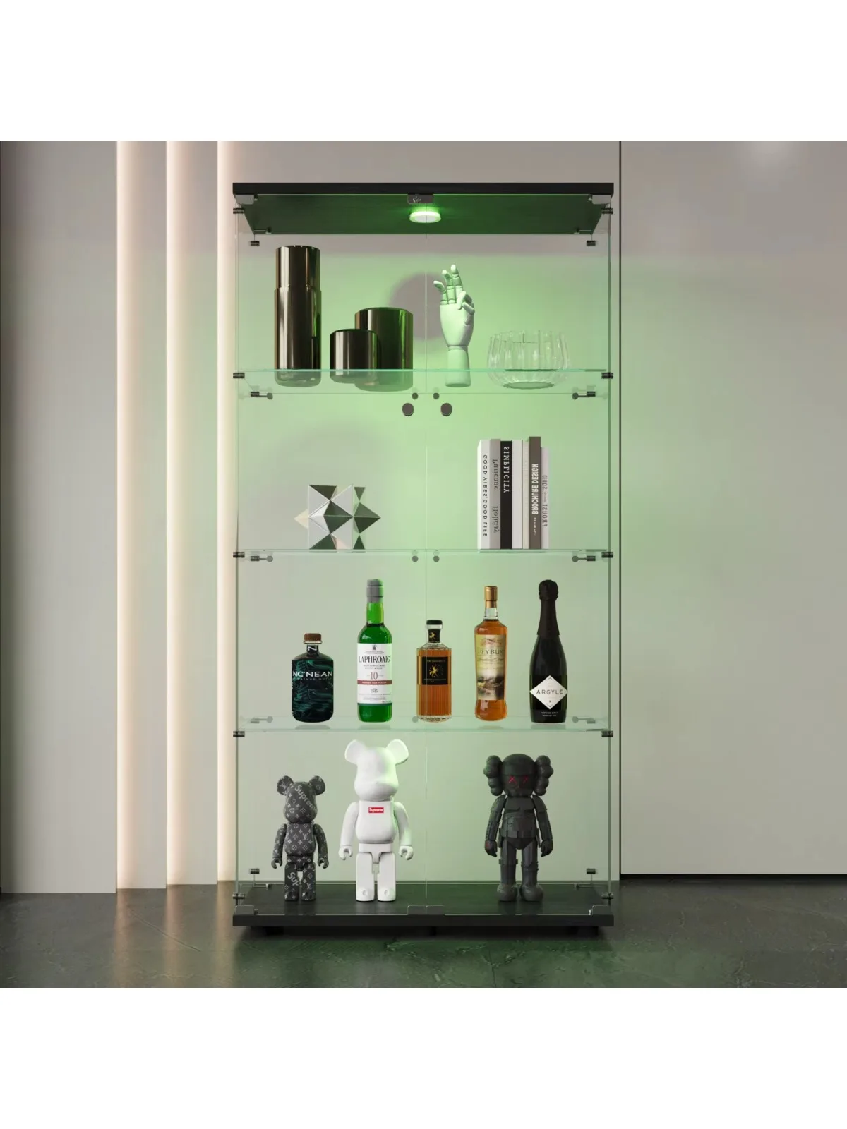 Rosahqnda glazen vitrinekast met LED-verlichting, met 4 planken en 2 deuren, 80,49x36,49x163,9cm, zwart - afbeelding 2