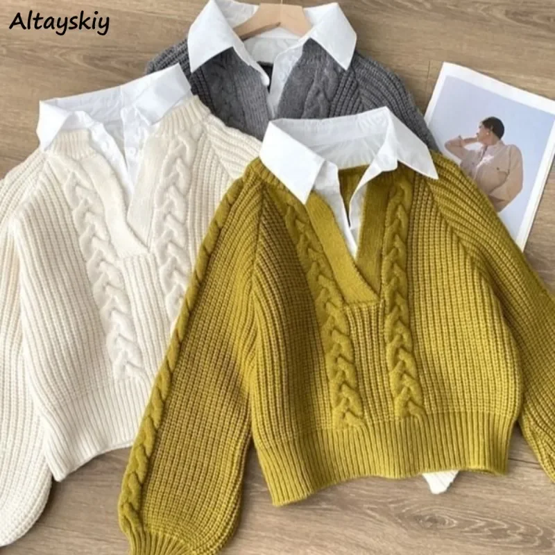 

Fake 2 Pcs Pullovers for Women Long Sleeve Turn-down Collar Casual Young Girls Korean Style Knitted Ins Students Autumn Winter