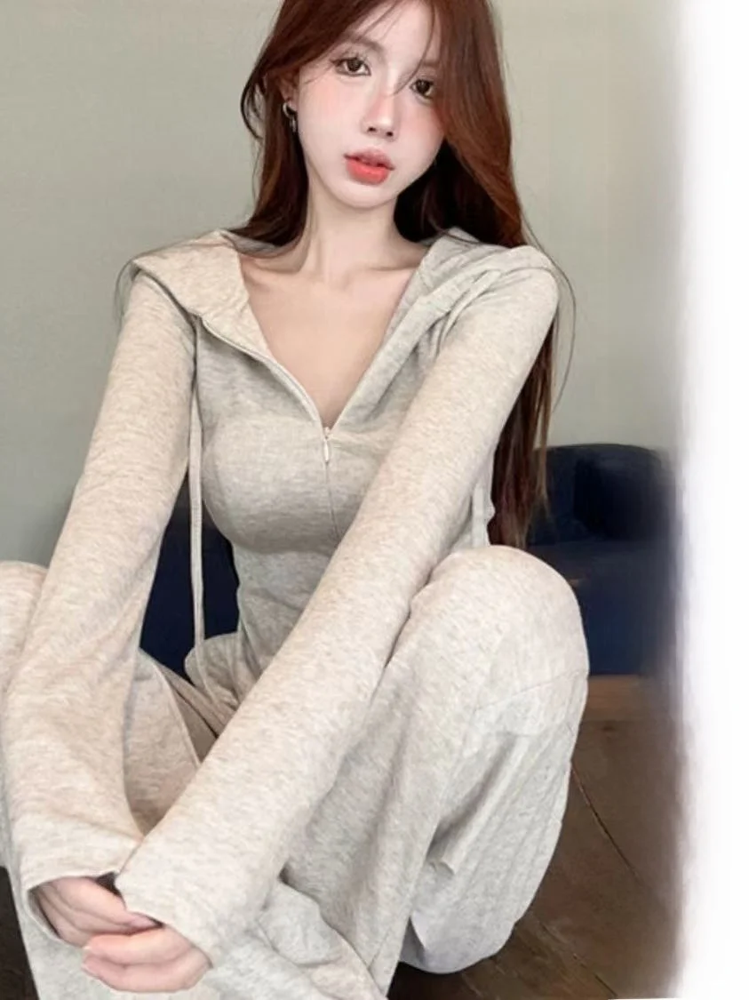 

Faionable Slimming Sportswear Set Women's Casual Slim Fit Hoodie Loose Wide Leg Pants Leisure Two Piece Set Spring Autumn