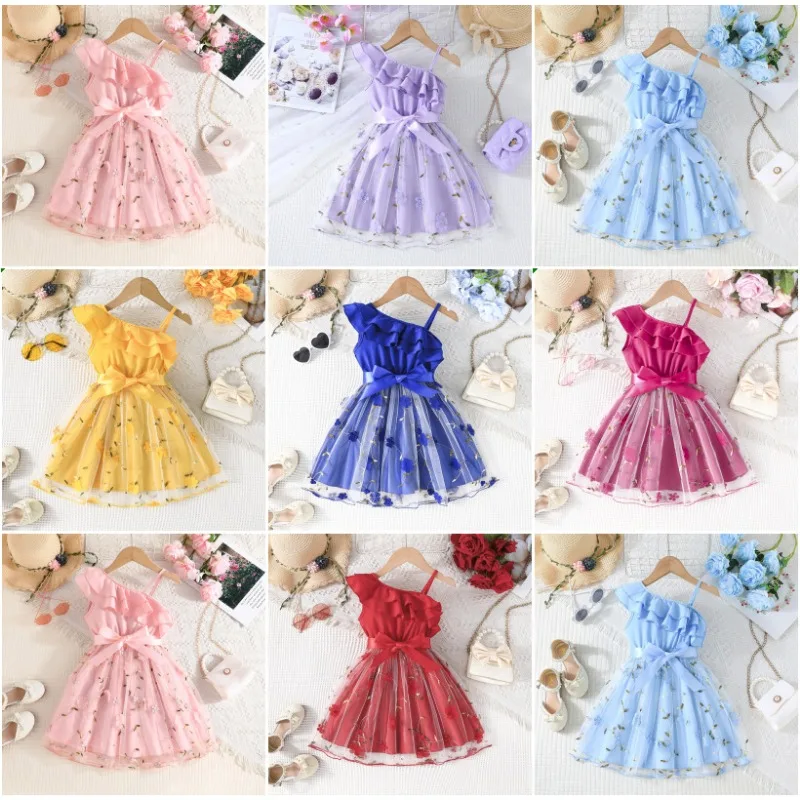 

2025 Korean Version Sweet Girls' Camisole Off Shoulder Bow Mesh Dress European and American