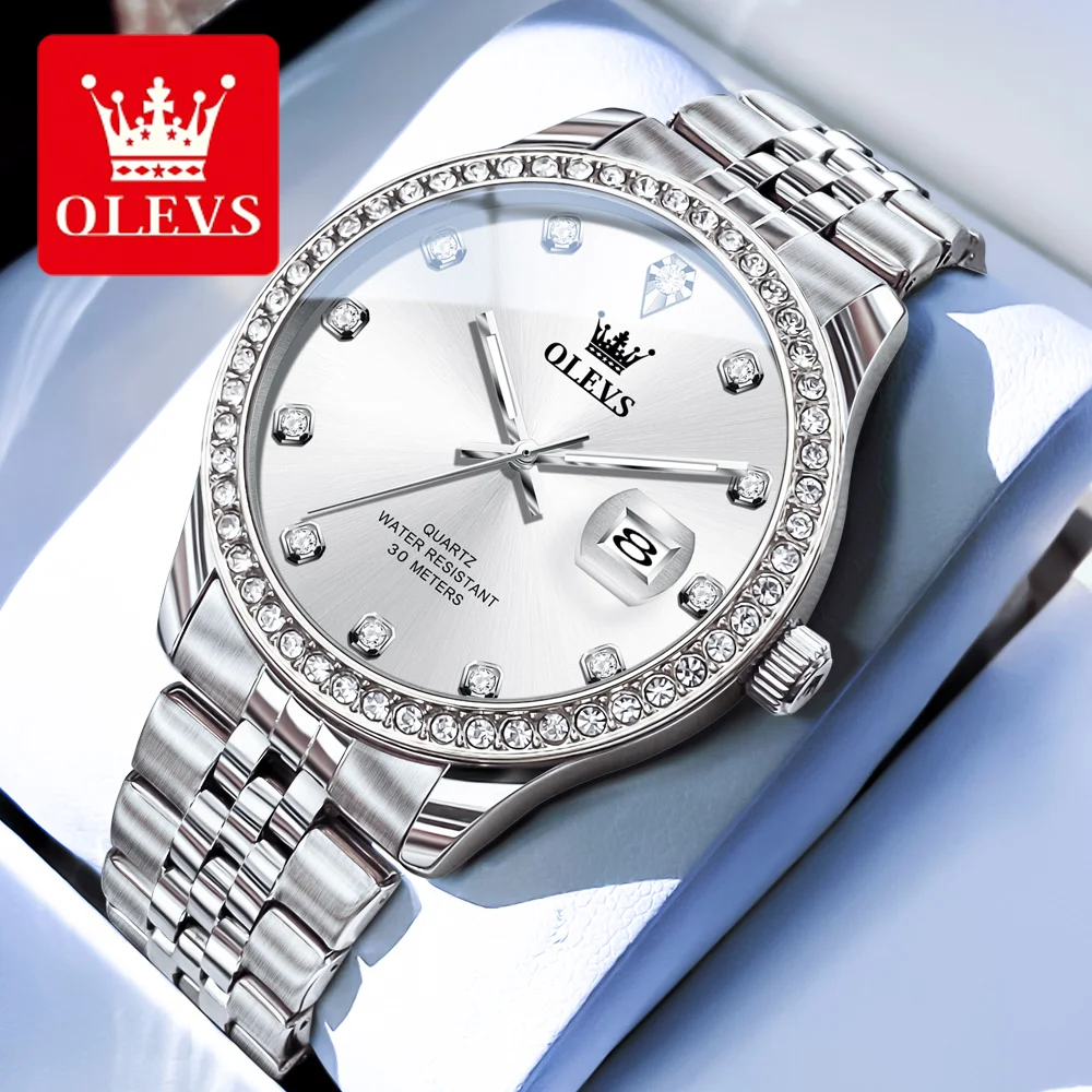 OLEVS 3629 New Men's Watches Luxury Brand Original Quartz Watch for Men Diamond Bezel Stainless Steel Waterproof Date Man Watch