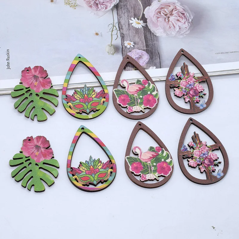 10pcs Vintage Hollow Drop Flamingo Leaf Wood Charms Bohemia Cross Flower Earring Keychain Pendant DIY Jewelry Make AE295