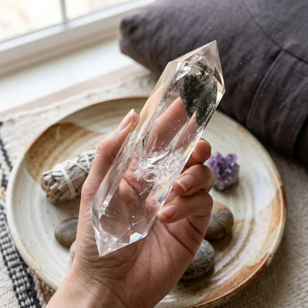 6 Faceted Clear Quartz Crystal Double Point Wand, Reiki Healing Tower Specimen, Natural Gemstone Column for Chakra