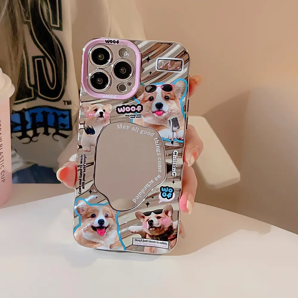 Stylish Plating  Wave Pattern Mirror Cartoon Puppy Dog Cover Case For iPhone 16 15 14 13 12 11 Pro Max 7 8 Plus X XR XS