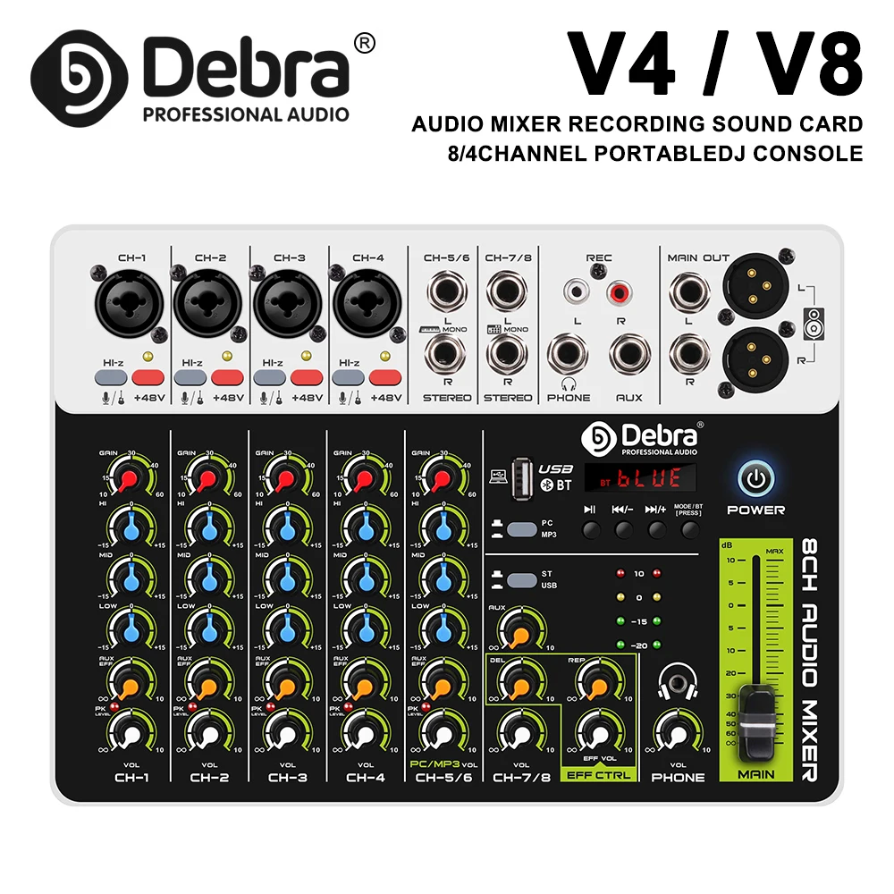 Debra V4/V8 Audio Interface Mixer with Bluetooth 5.0 USB Phantom Power DJ Mixer for PC Recording with Delayed Replay Effects