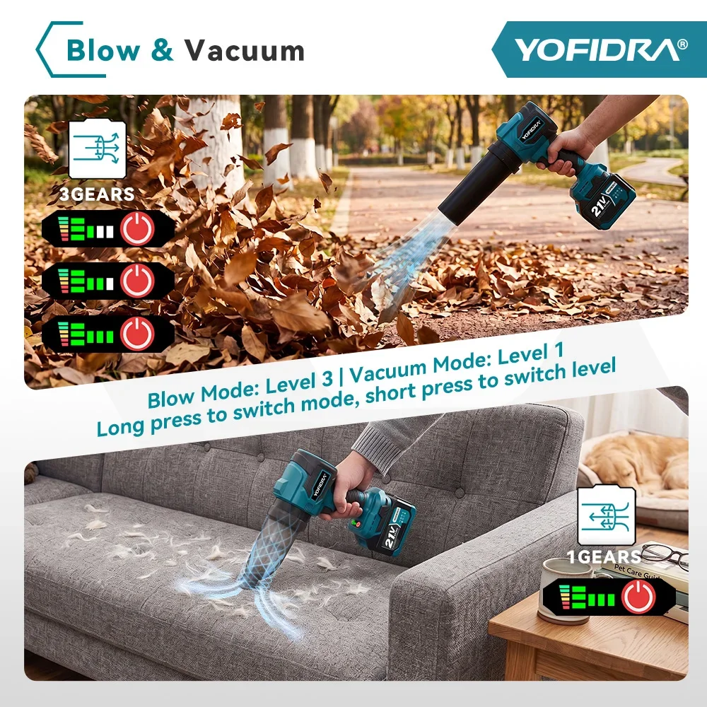YOFIDRA 2IN1 350M/S Bürstenloser Elektrischer Turbo-Luftgebläse-Akku-Jetventilator für Blatt- und Schneesaugung sowie Blasen, Elektrowerkzeug für Makita 21V Akku – Detail 10