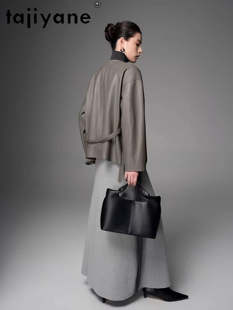 TAJIYANE vestes en peau de chèvre véritable Simple col rond manteau ceinturé court veste en cuir véritable femme 2025 vêtements d'automne dубл onderка ж onderdelen mei