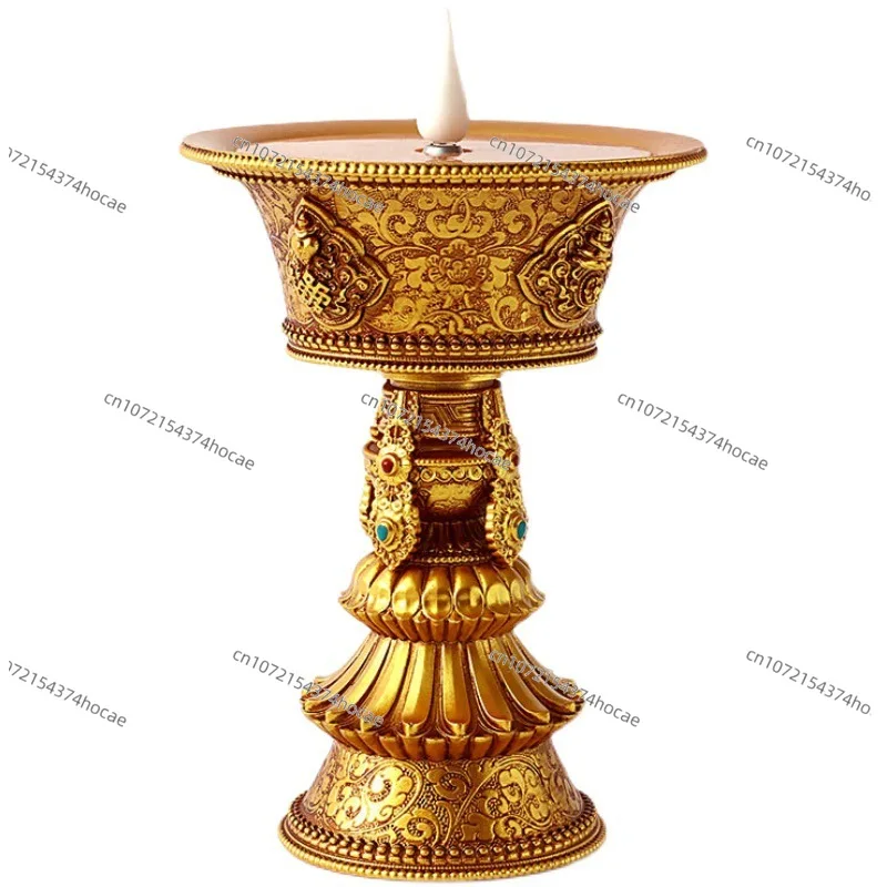 19.5cm Electric Tibetan Butter Lamp Rechargeable Warm White LED Thailand Buddhist Led Candle Carving Craft Resin Candlestick