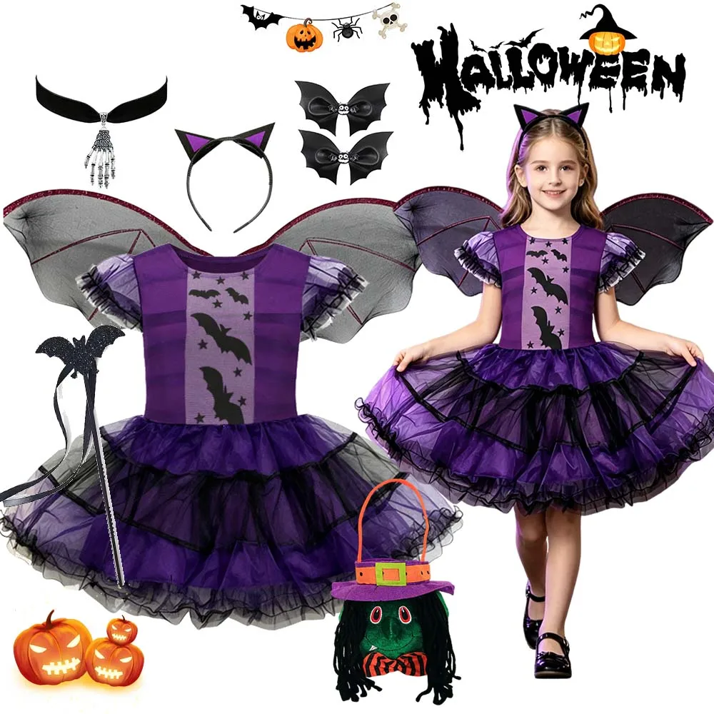 Girls Bat Witch Cosplay Costume Set Purple Tulle Dress With Wings Headband Socks Gloves For Halloween Party