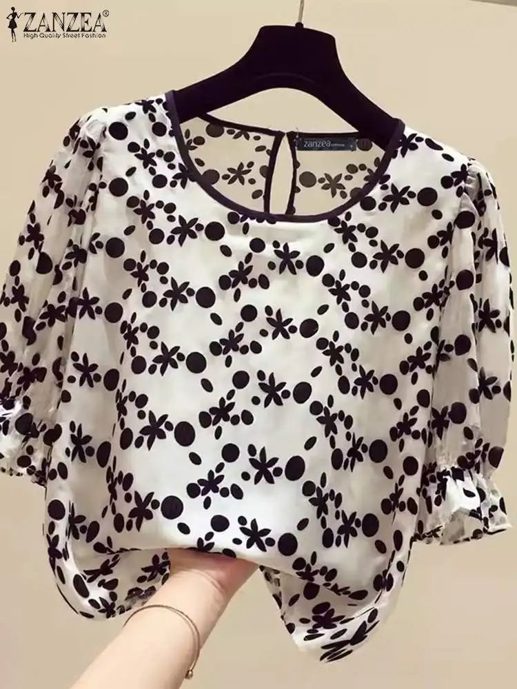 ZANZEA Vintage Floral Print Blouse 2024 Summer Lantern Short Sleeve Tops Women Retro Tunic Casual Loose O-Neck Blusas Oversized