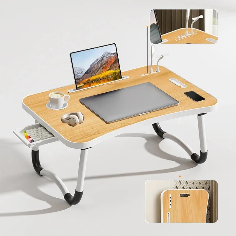 Foldable Laptop Gaming Desk, Portable Computer Table with USB Fan, LED Light & Cup Holder, Adjustable Height for Bed & Sofa