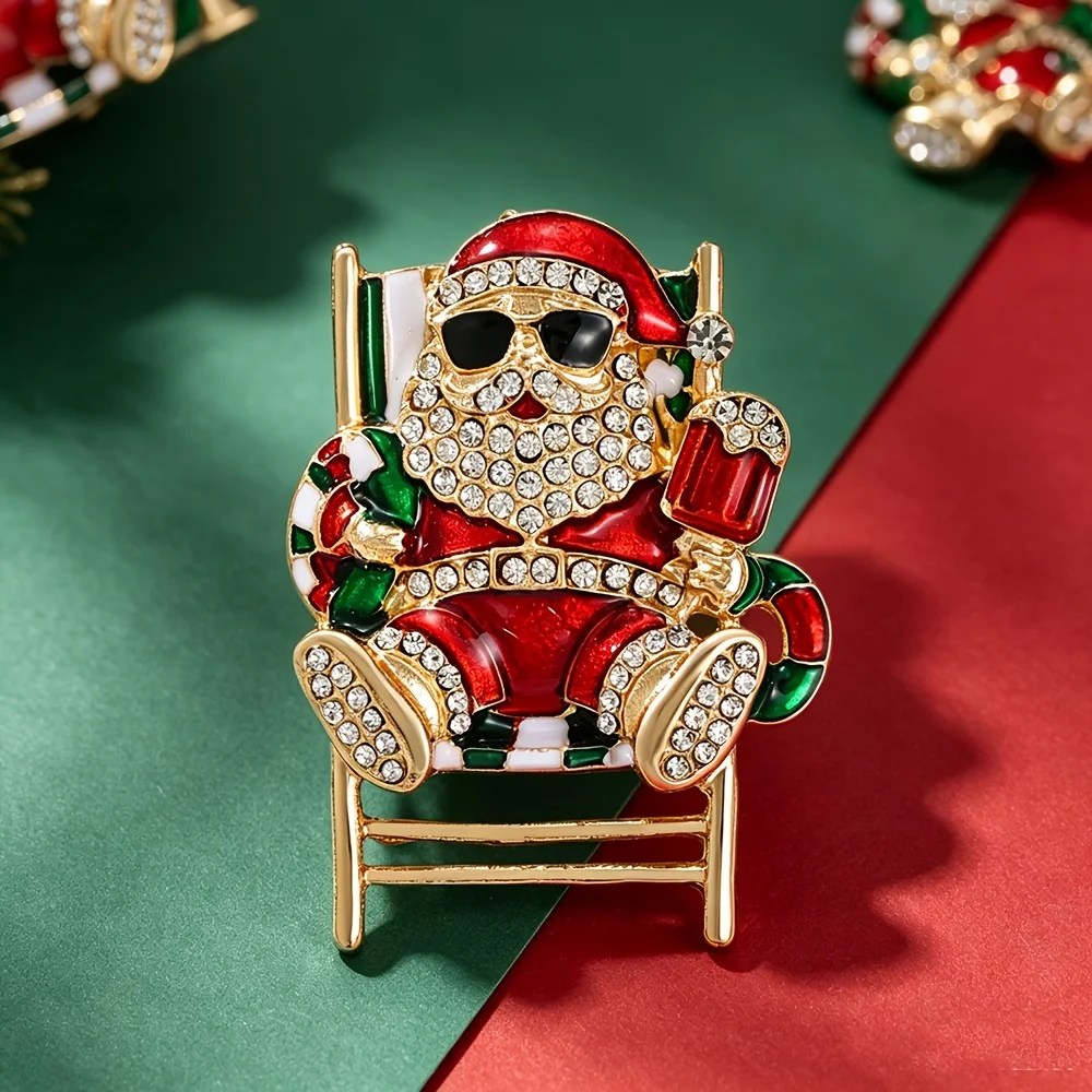 Trendy Cool Fashion Glasses Lounge Chair Casual Santa Claus Rhinestone Brooch, Red And Green Enamel Design, Suit Sweater Pin