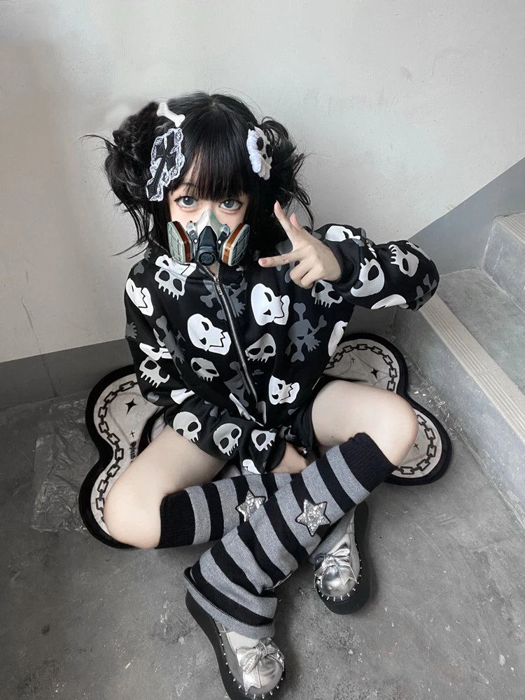 2023 Harajuku Y2k Aesthetic Black Hoodies Skull Print Streetwear Long Sleeve Zip-up Loose Women Coat Gothic Grunge Punk Jackets