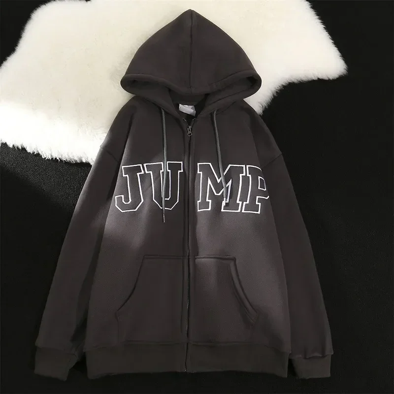 Korean Fashion Vintage Zip Up Hoodies Women Harajuku Oversized Sweatshirts Grunge Casual Long Sleeve Tops Jackets Y2K Aesthetic