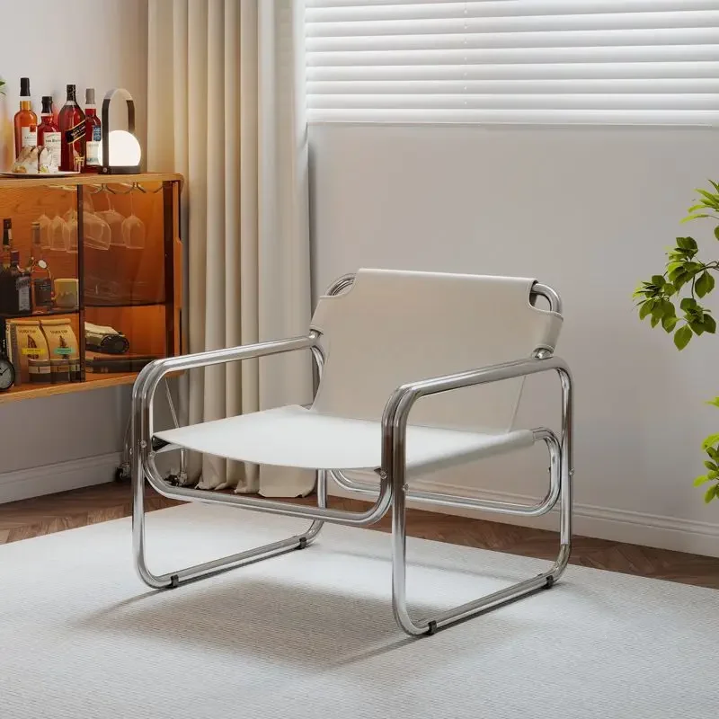 Modern Leather Accent Armchair Chrome Frame Lounge Chair For Living Room Bedroom Office Balcony Guest Reception Armchair