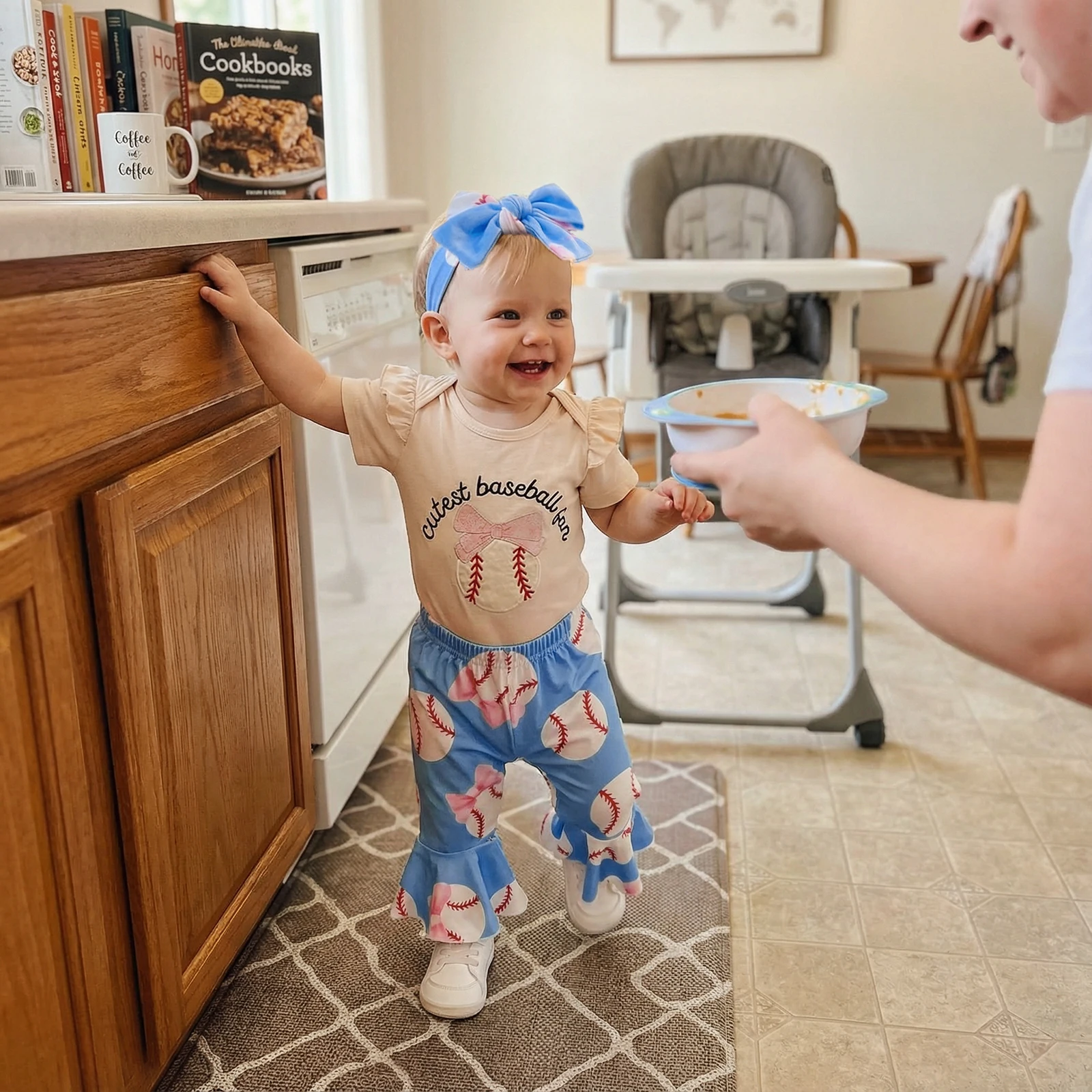 Baby Girls Summer Outfit Short Sleeve Embroidery Romper with Baseball Print Flare Pants and Headband