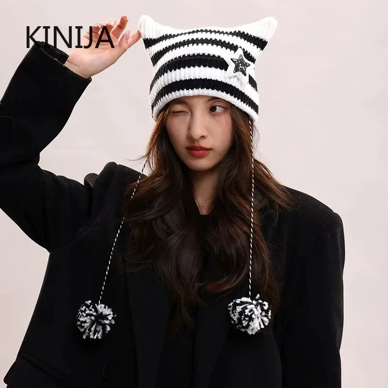 Y2K Beanie Hat Women Devil Ear Striped Knitted Cap Winter Hip-hop Crochet Cute Cat Ears Pointed Pullover Hat Basin Hat Korean