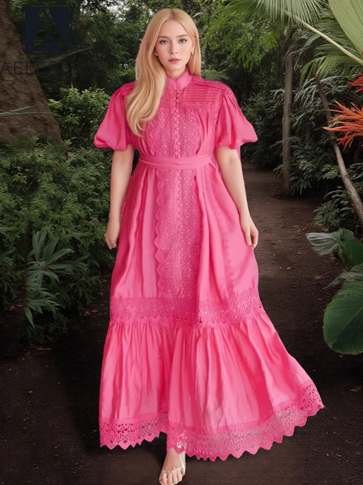 

AELESEEN Runway Fashion Loose Dress Women Spring Summer Puff Sleeve Lace Patchwork Pleated Single-breasted Belt Midi Party