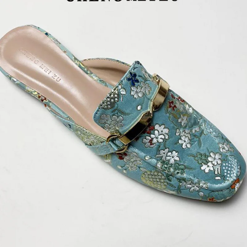 Lady Floral Flat Slipper Square Toe Mule Beige Blue Gold Chain Metal Summer Outdoor Slides 34-43 26cm Silk Stain Hand Made Shoes