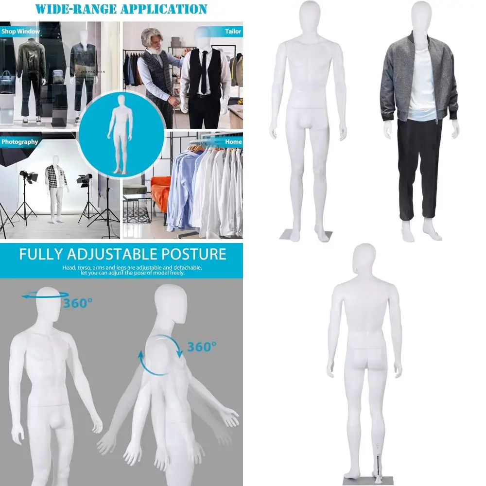 

73 Male Full Body Mannequin with Adjustable Stand, Rotatable and Stable Base, Realistic White Display