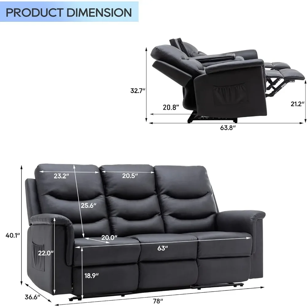 Faux Leather Reclining Sofa, Wall Hugger Reclining Sofa 3 Seater with Flipped Middle Backrest/Cup Holder