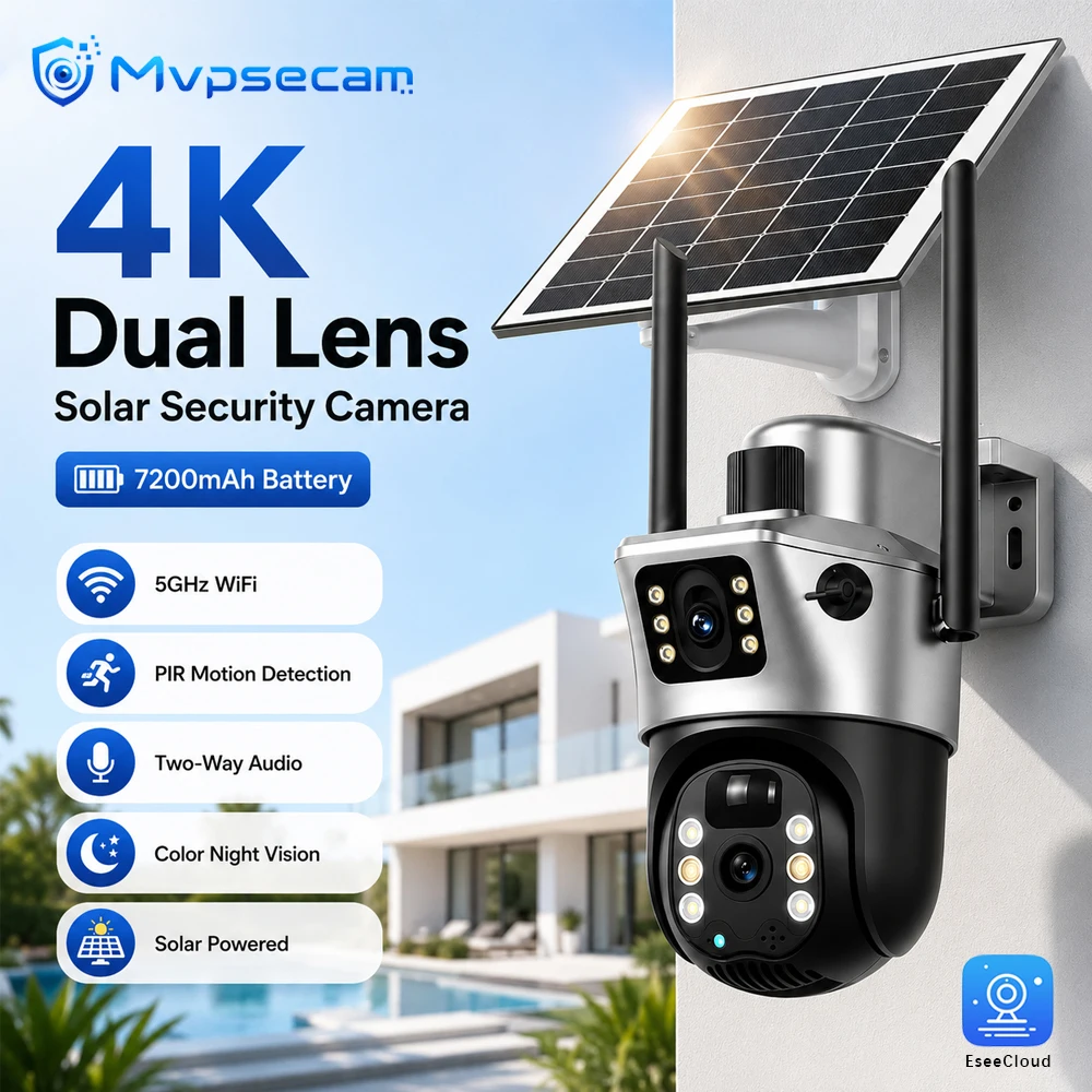 Cámara CCTV inalámbrica 4K para exteriores, cámara de vigilancia WiFi con doble lente y batería solar, control PTZ, WiFi de 5 GHz, batería de larga duración de 7200 mAh, detección PIR, audio bidireccional, visión nocturna, cámara de seguridad impermeable IP66 para monitoreo de la propiedad del hogar