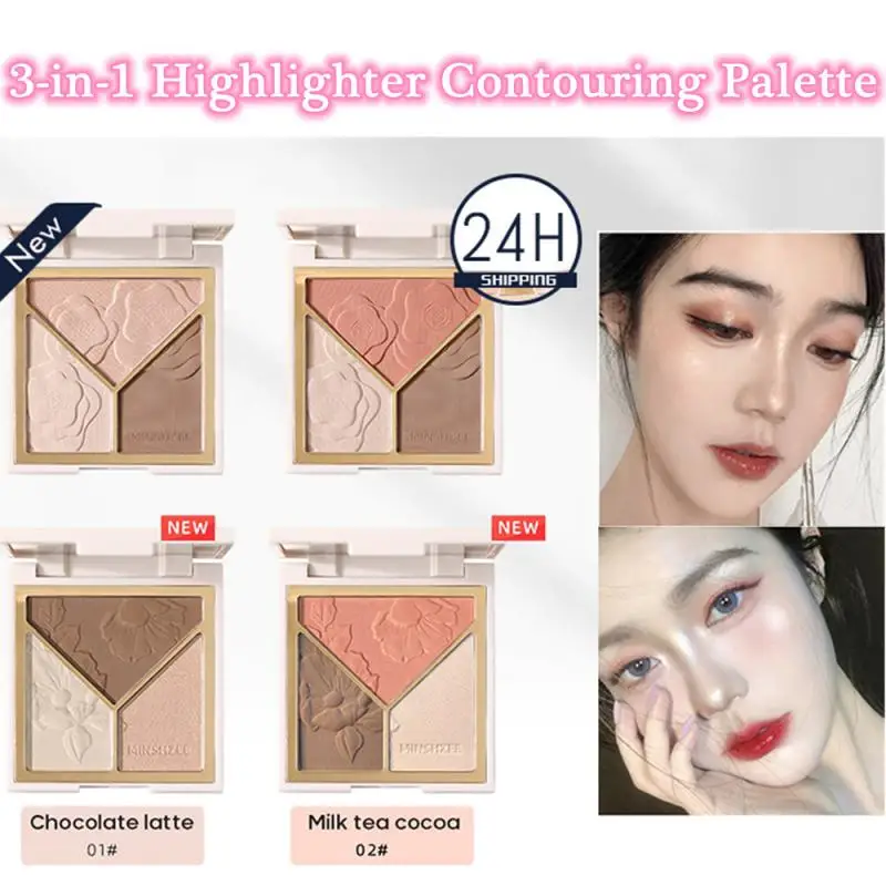 3-In-1 Matte Highlight Contour Palette Face Shading Highlighter Eyeshadow Blush Bronzer Grooming Pressed Powder Lasting Makeup