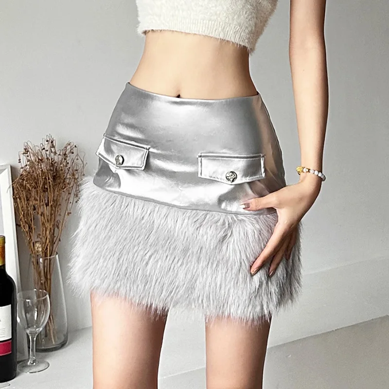 

Winter Fall Fashion Women High Waisted Fur Patchwork Pu Leather Skirt , Woman Slim Designer Mini Silver Skirts