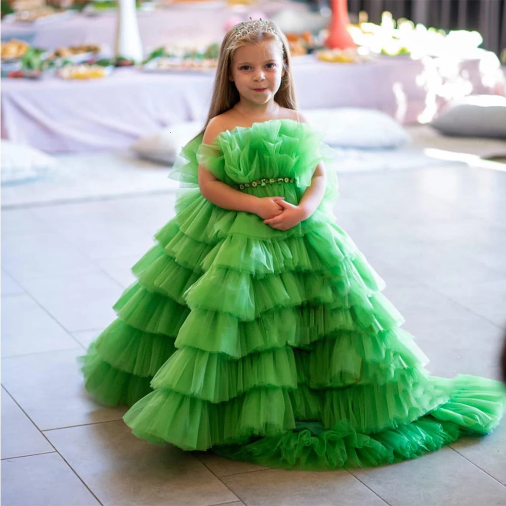 

Green Tulle Flower Girl Dresses For Wedding Photography Princess Pageant Dress Sequin Holy First Communion Party Gown Crystal