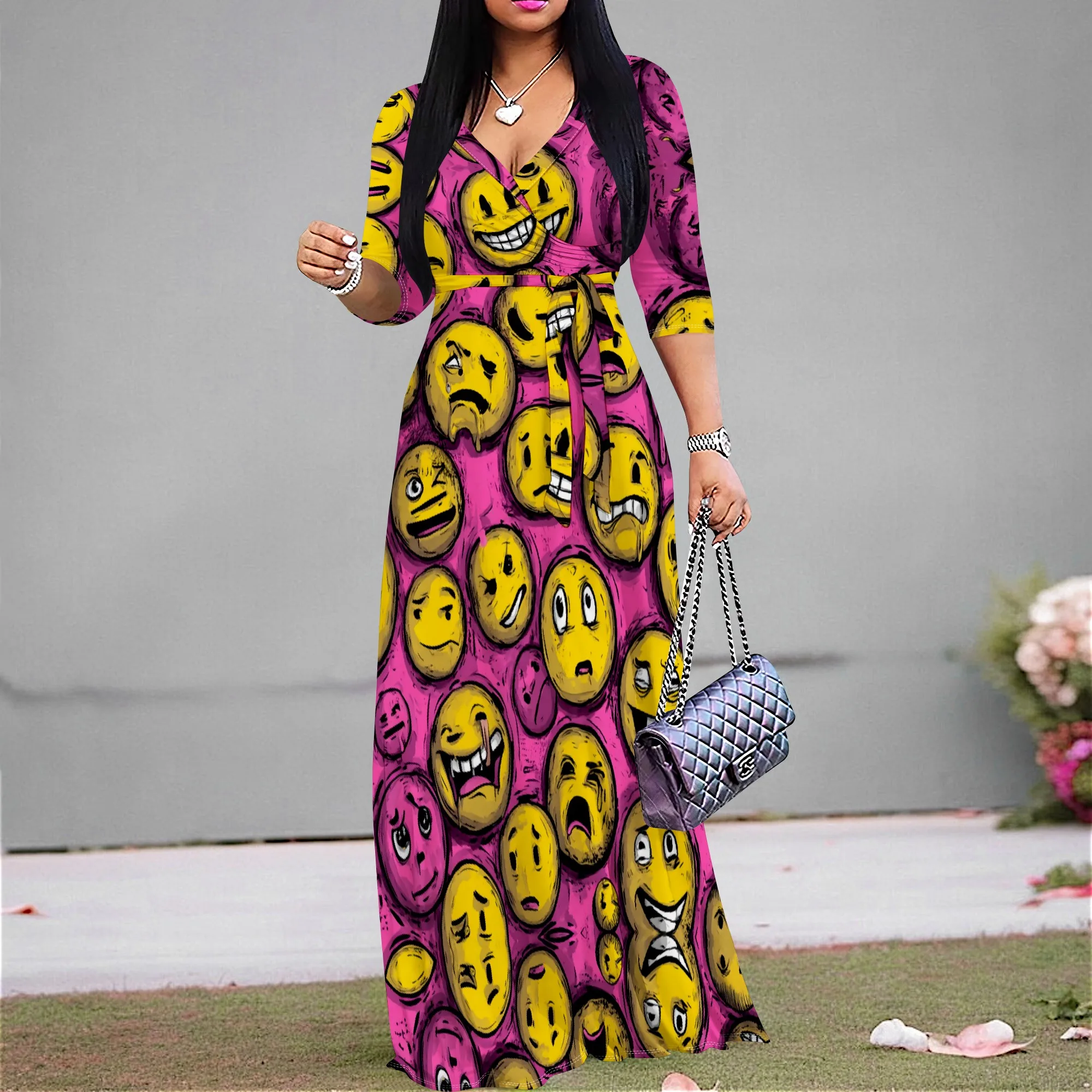 

Women's V-Neck Funny Emoji Print Maxi Dress Half Sleeve Casual A-line Long Dress for Holiday Party Streetwear XS-3XL