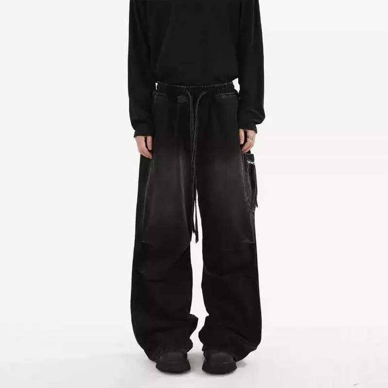 Men Elastic Waist Drawstring Cargo Pants Multi Zipper Pockets Loose Wide Leg Streetwear Long Trousers