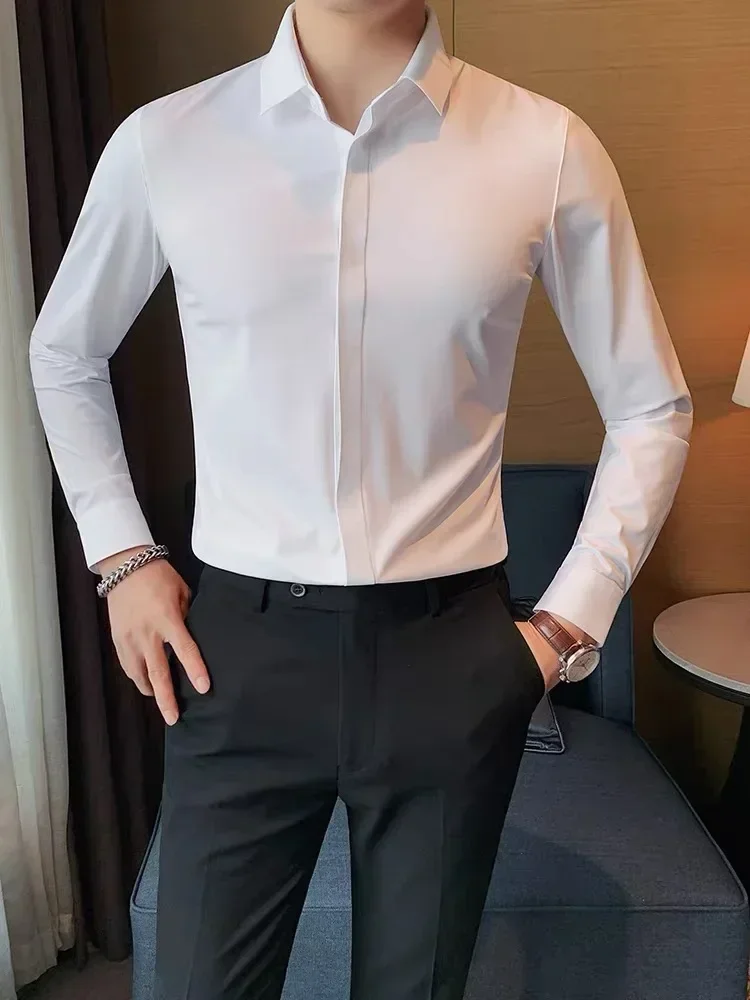 Men's long sleeved shirt with concealed buttons for business and professional non ironing light luxury white shirt