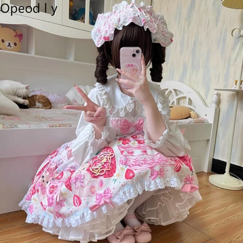 

Sweetheart Strawberry Bear Lolita Dress 2026 Spring and Summer New Cute Bow Cartoon Print Temperament Princess Lolita Dress