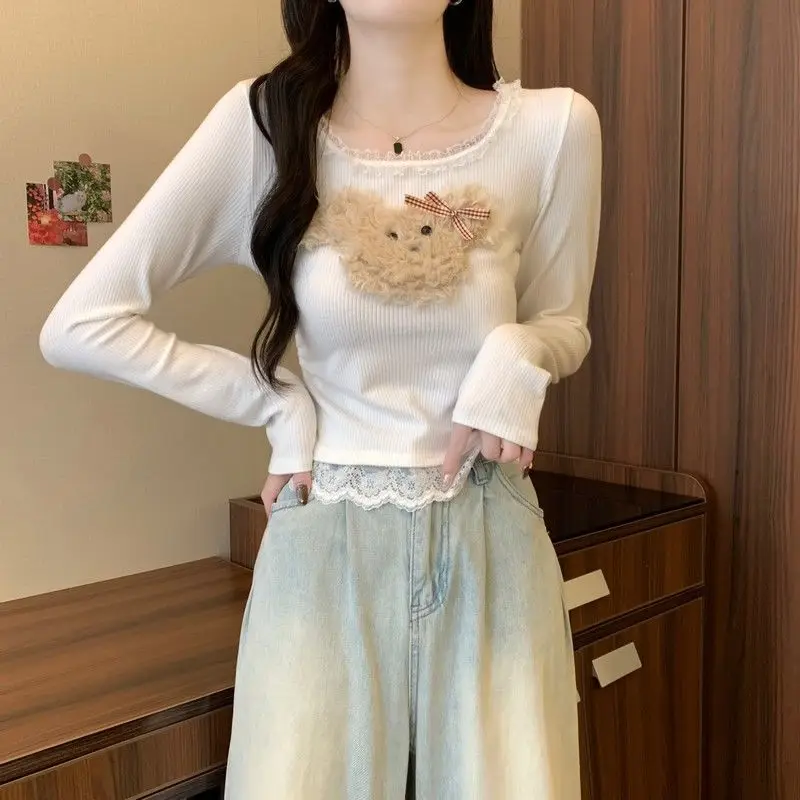 Cute Dog Plush Knit Bottom Shirt Women Autumn Winter New Sweet Hot Lace Splicing Lace Short Tops