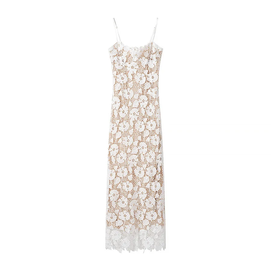 

White Flower Crochet Slim Midi Dress Women Sexy Sleeveless Back Bandage Split Long Dress Summer Elegant Fashion Party Vestidos