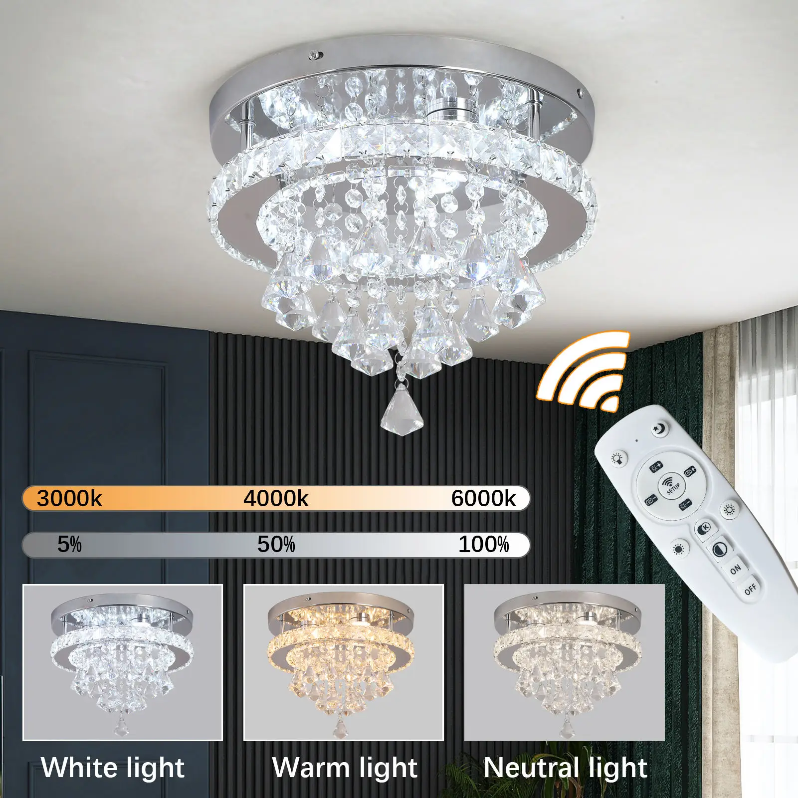 

USA Stock LED Crystal Chandelier Ceiling Light Remote Control 3 Colors Dimming Lamparas 110V Drop Shipping pop Ceiling Lights