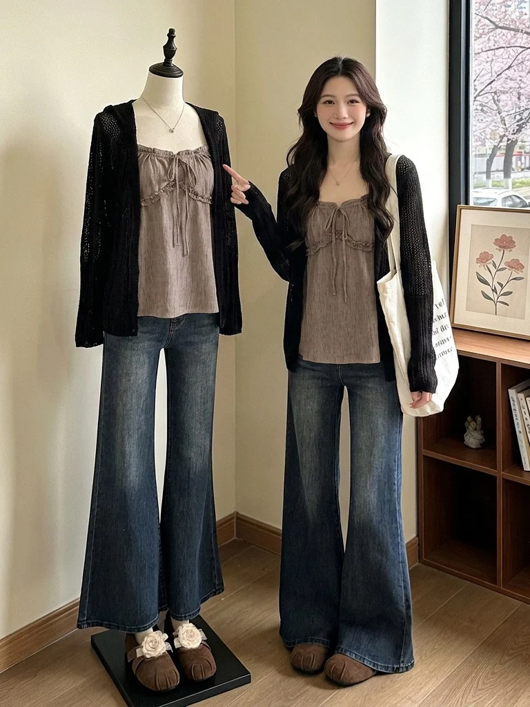 Camiseta Café Color Doll con tirantes y aberturas, ropa exterior de protección solar para mujer, conjunto de dos piezas de talla grande para verano, novedad para tallas grandes.