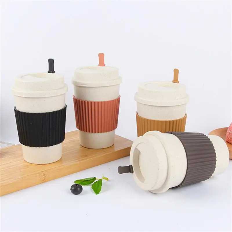 450ml Travel Mug With Lid Reusable Wheat Fiber Coffee Cup Plastic Anti-fall With Non-slip Sleeve Outdoor Fitness