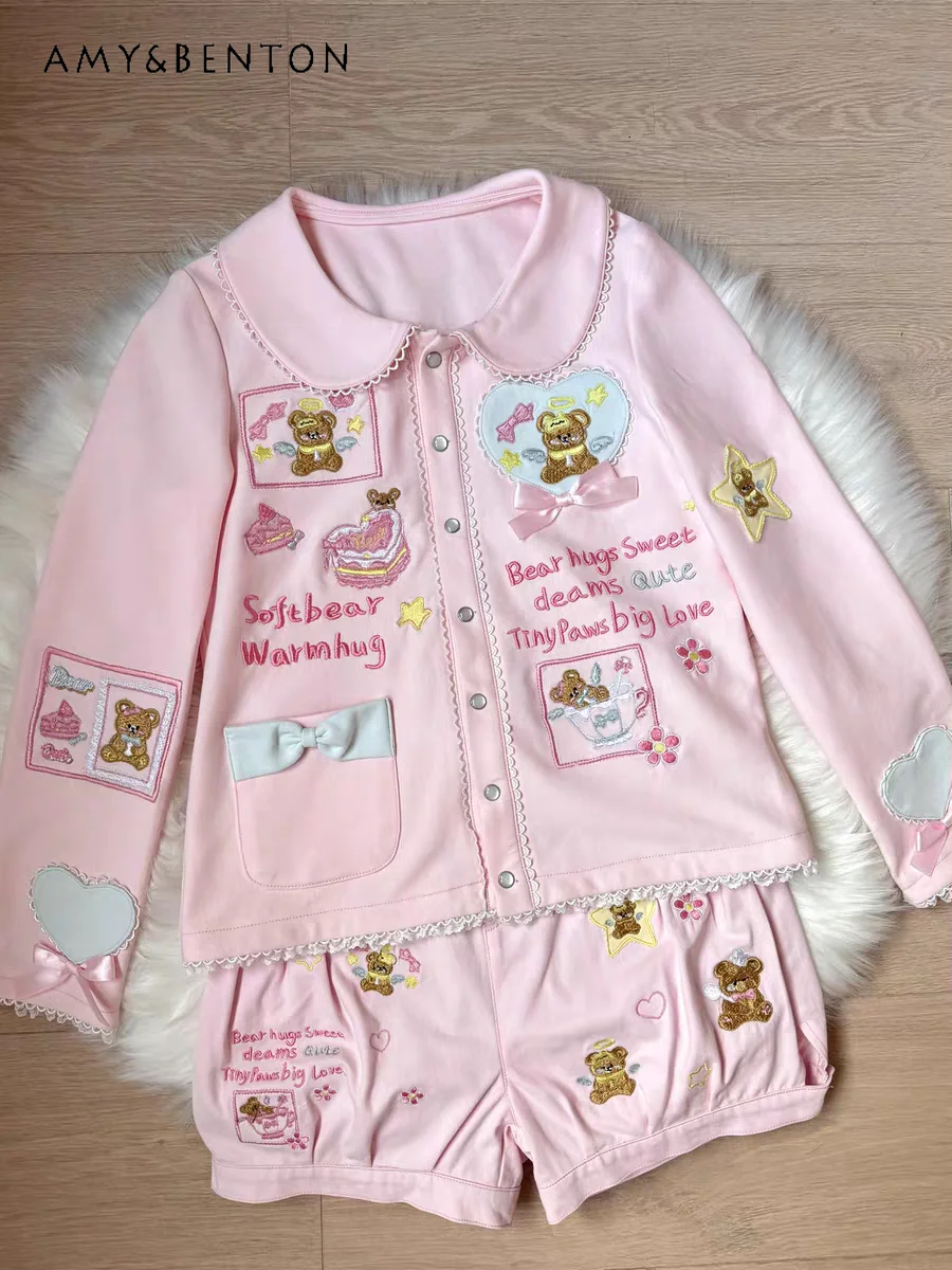 

Sweet Party Cute Cartoon Embroidery Kawaii Suit Japanese Lolita Doll Collar Jacket Suspender Top Shorts Pink Three-piece Set