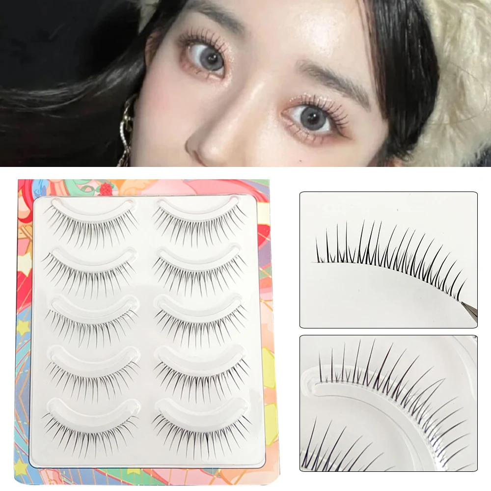 5 Pair Trendy Artificial Eyelashes Handmade Fibers Faux Eyelashes Realistic Charming V-shaped Black False Extension Eyelashes