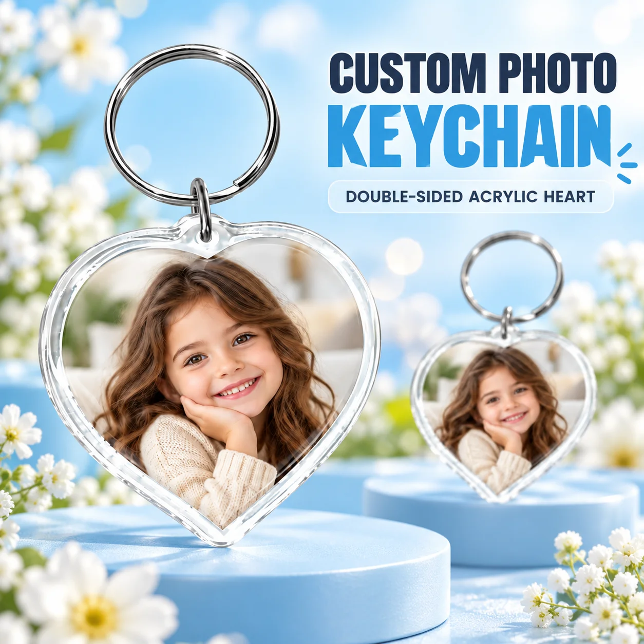 Custom Heart Acrylic Keychain Personalized Photo Keyring Double Sided Print Clear Plastic Tag Metal Ring for Keys Bag Luggage