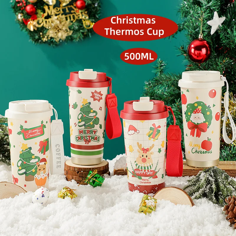

316 Stainless Steel Thermos Bottle 500ML Large Capacity Insulation Cup Christmas Gift Cup Portable Straw Vacuum Flasks With Rope