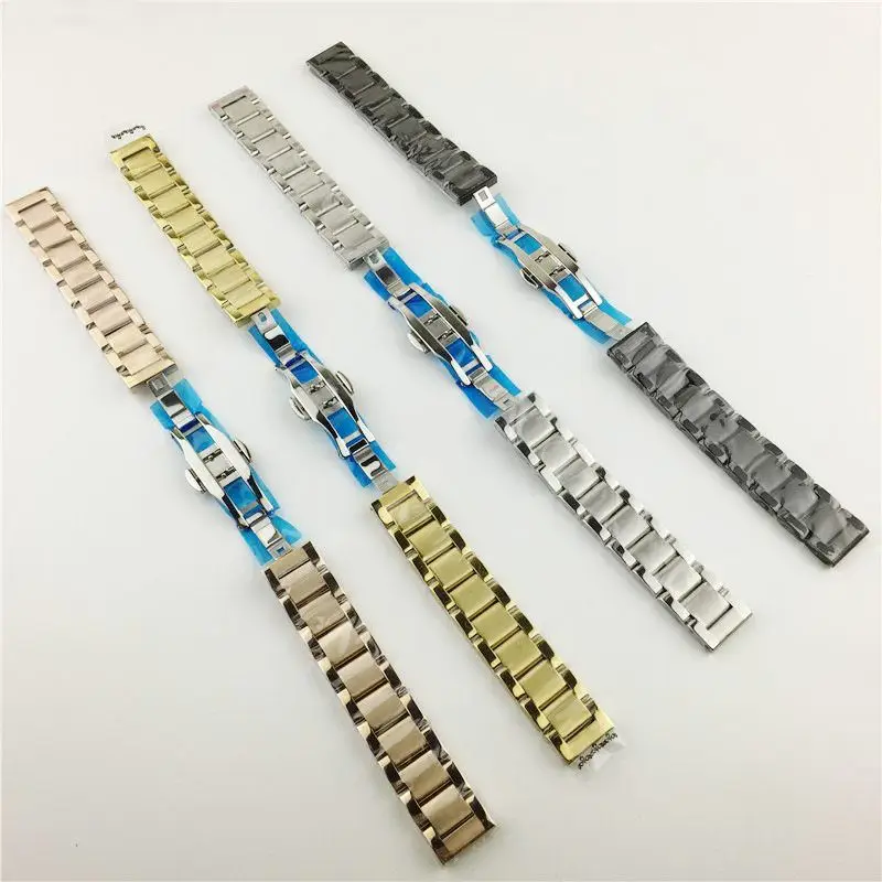 316L Stainless Steel 18mm 20mm 21mm 22mm Universal Straight End Three-beads Butterfly Clasp Watch Strap Band Silver Black Gold