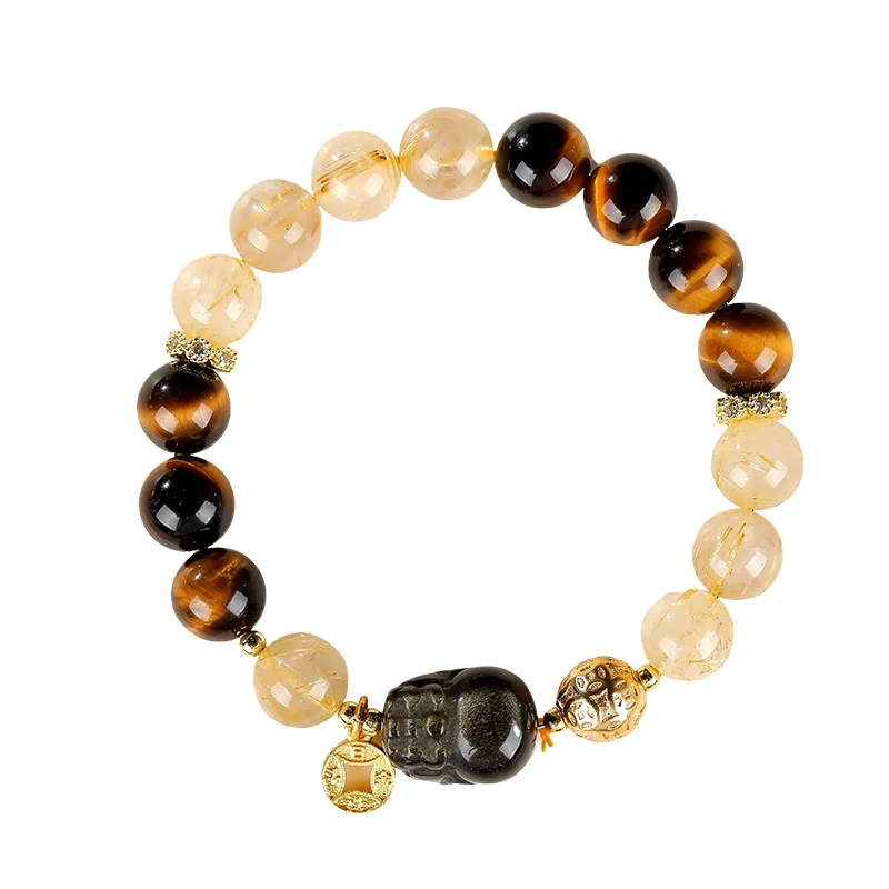 Natural Gold Rutilated Quartz Bracelet with Pixiu Yellow Tiger Eye Stone Beads for Women Good Luck Crystal Jewelry Gifts