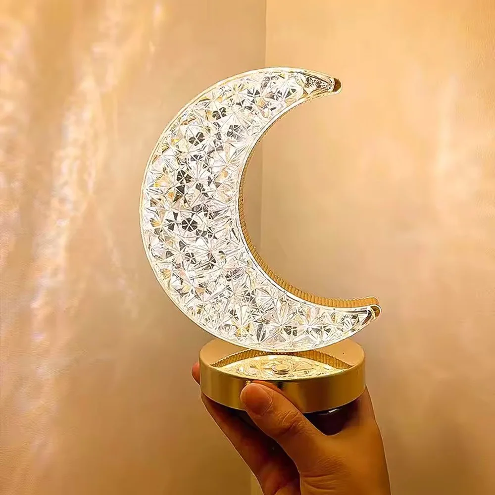Romantic crystal desk lamp, star moon infinite variable light with small decorative bedroom bedside ambient light
