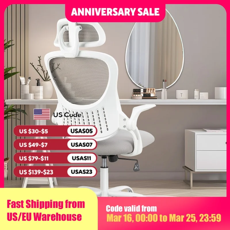 JHK Mesh Ergonomic Office Computer Desk Chair Flip-up Arms Adjustable Headrests Comfortable Lumbar Support For Home Office