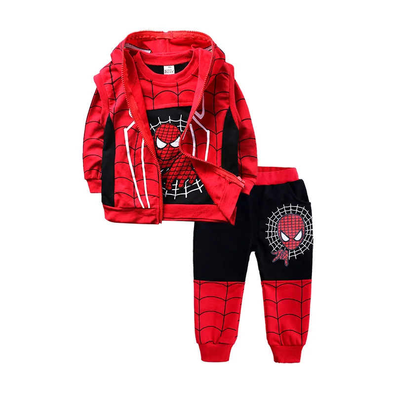 Marvel Spiderman nadruk kreskówkowy 3 sztuk/zestaw kostium jesień dzieci chłopcy kamizelka bez rękawów z kapturem t-shirt spodnie dres stroje dziecięce
