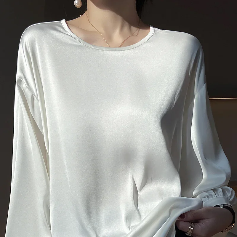 2025 Spring New Retro Long-sleeved Women's Satin Shirt Top Women Temperament Blouse Ice Silky Blouse Women