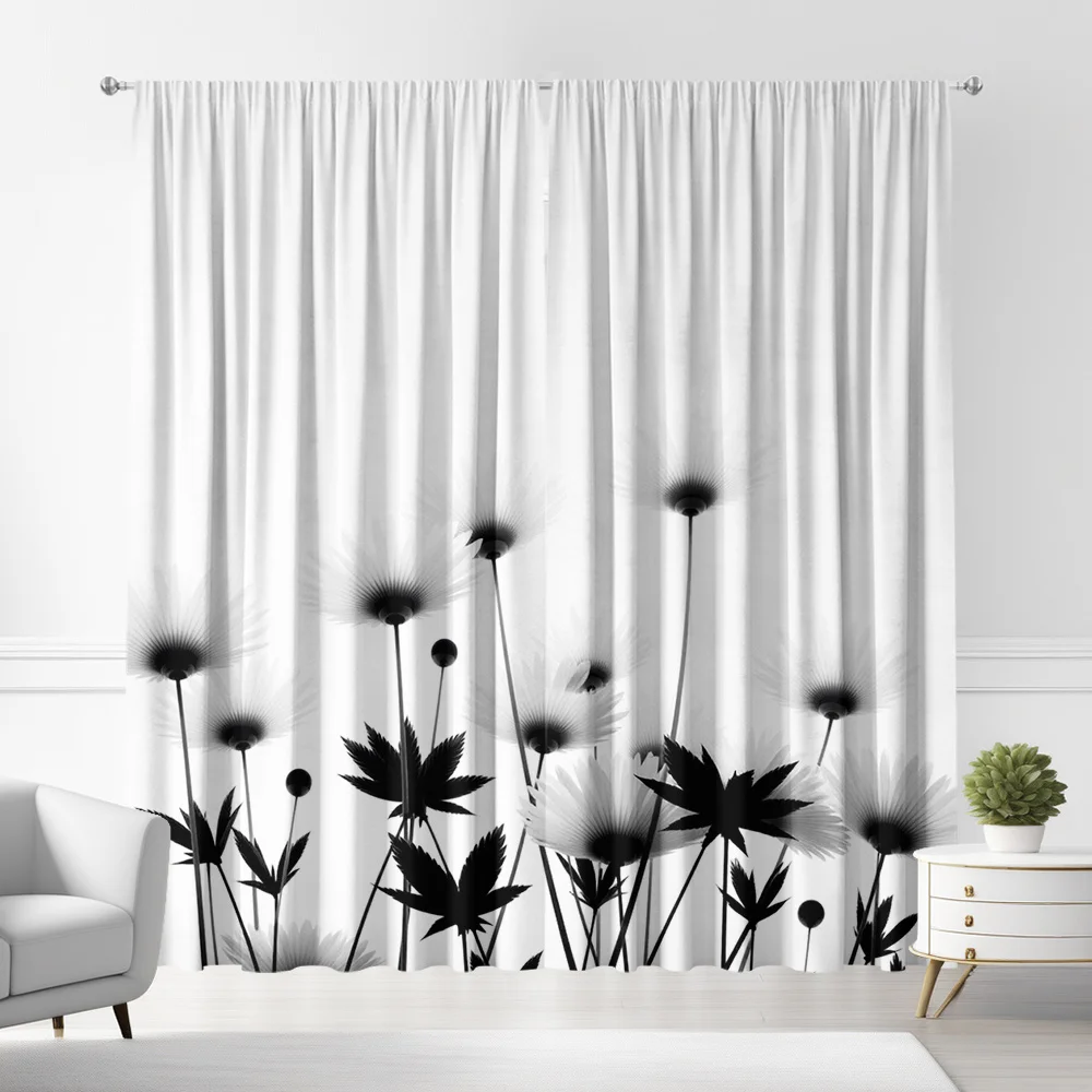 Black & White Dandelion Silhouette Curtains Set of 2 – Minimalist Botanical Print, Rod Pocket Semi-Sheer Drapes